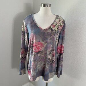 Xcit USA Shirt Womens 1X Floral Long Sleeve‎ Stretch Boho Pullover Top Blouse